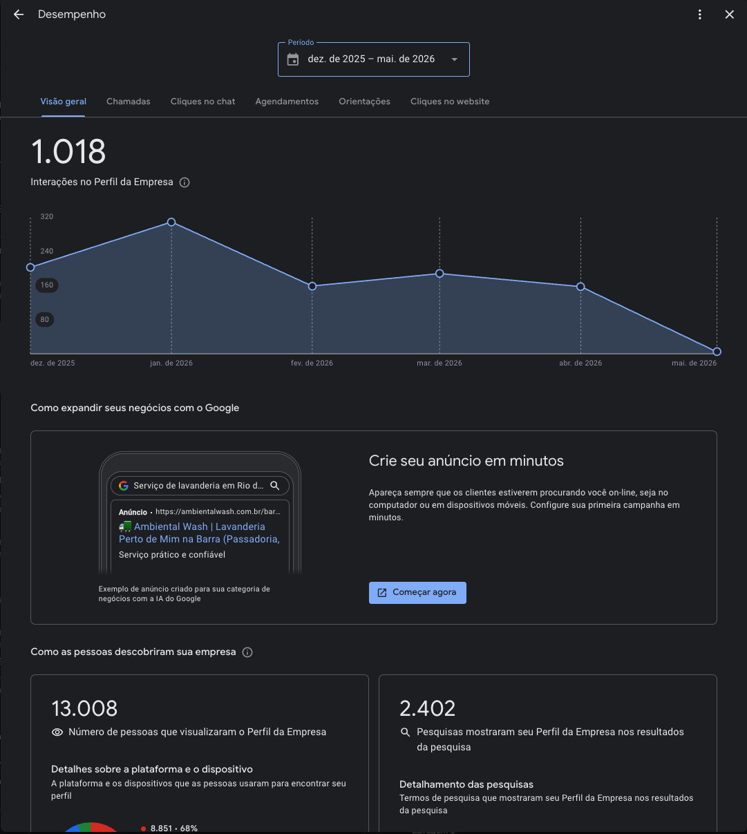 Desempenho Google Meu Negócio — Ambiental Wash: 1.018 interações e 13.008 visualizações