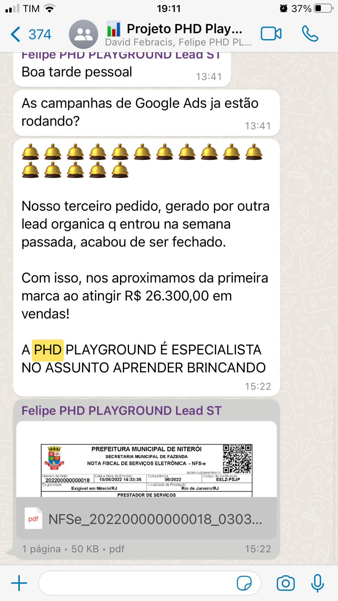 Print de WhatsApp: primeiro pedido fechado via lead orgânica do Google — PHD Playground