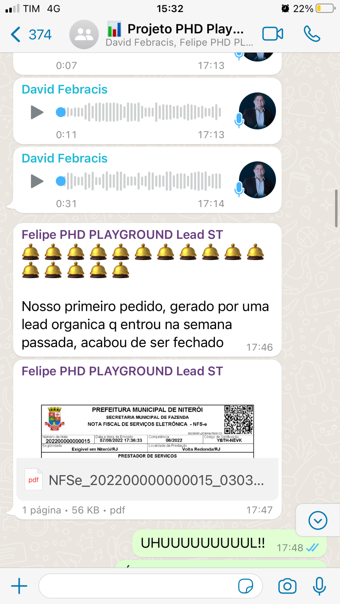 Print de WhatsApp: segundo pedido fechado via lead orgânica — PHD Playground