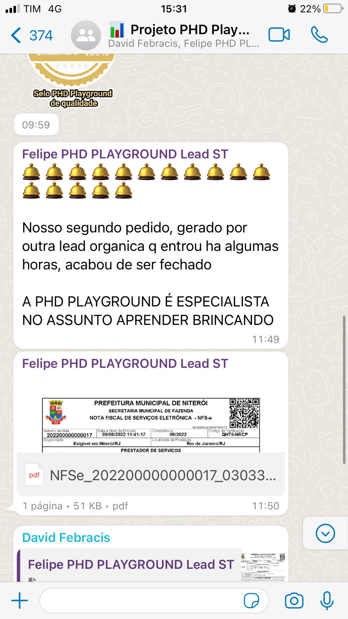 Print de WhatsApp: terceiro pedido fechado via lead orgânica — PHD Playground